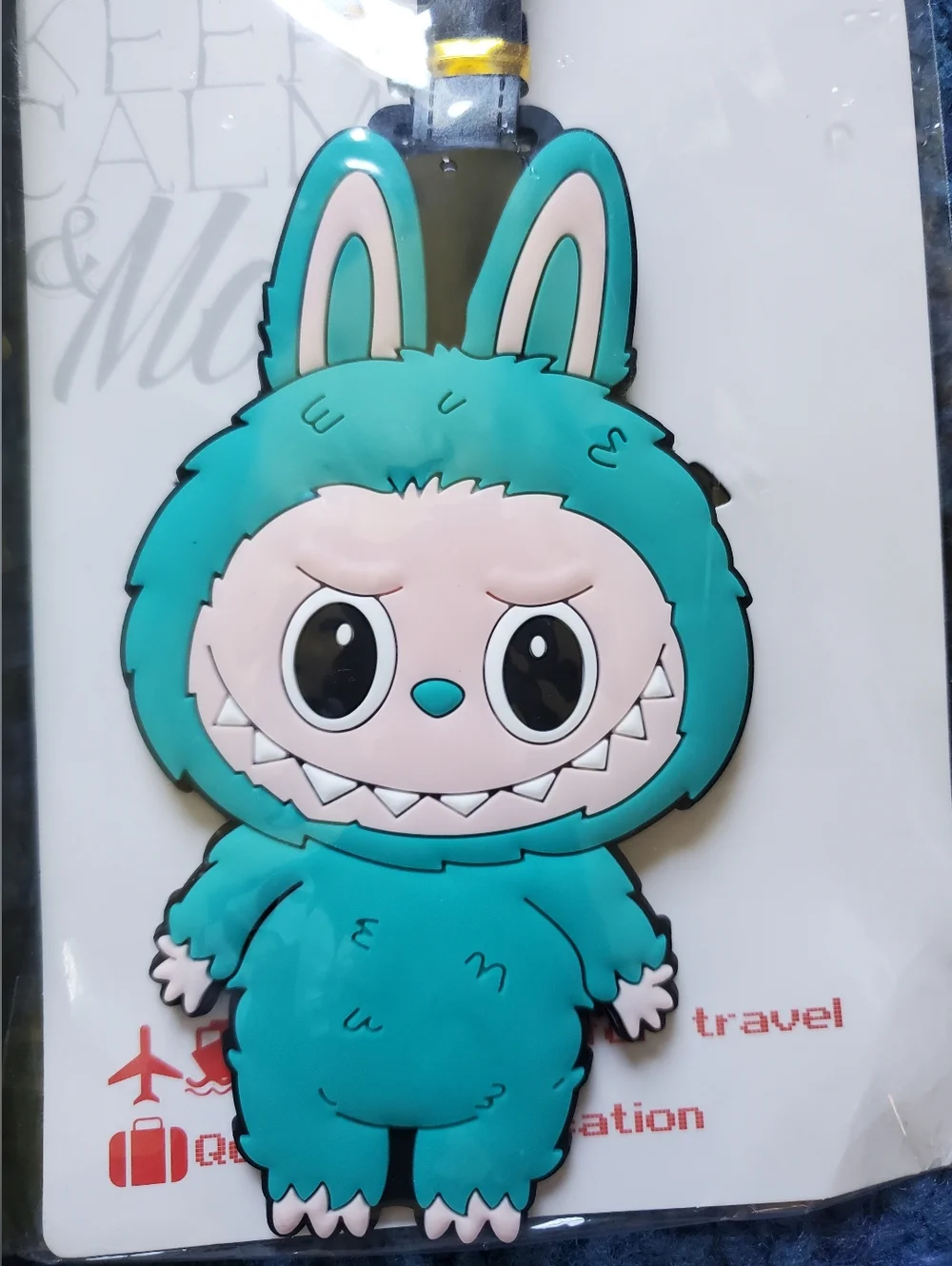 NWT Cute Teal Monster Bunny Luggage Tag Travel Accessory ID Holder